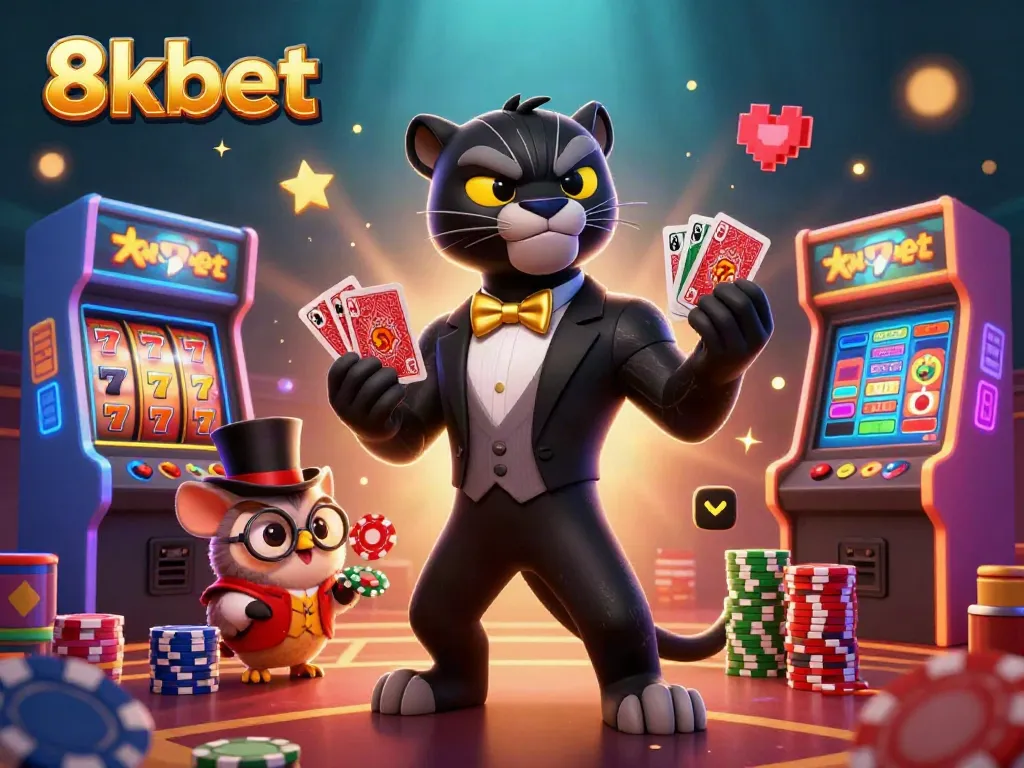Engage with exciting gaming at 8xbet featuring a stylish panther, owl, and lucky mouse in a vibrant casino scene.