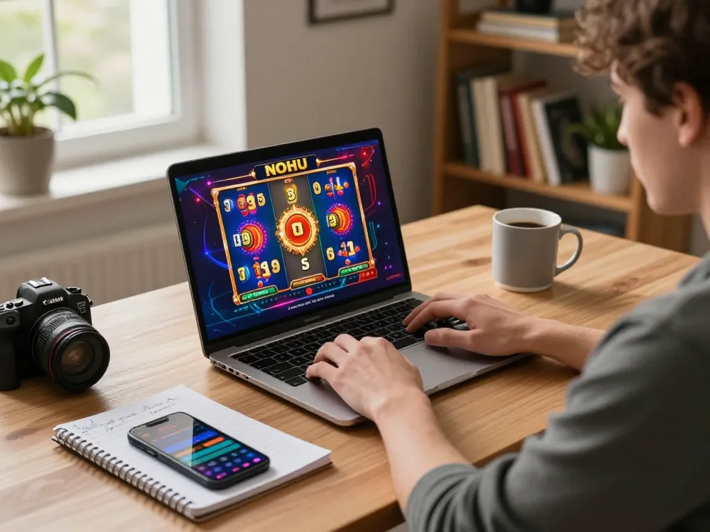 Engaging in NOHU online casino gaming, featuring vibrant slot game action on laptop.