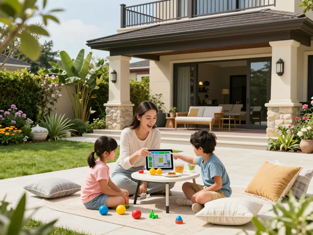 Family engaged with a veranda configurator in a beautiful garden setting, showcasing outdoor design possibilities.