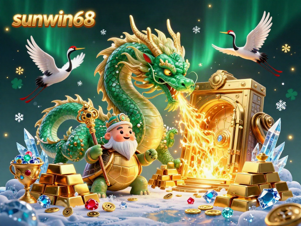 "Experience epic wins at sunwin68 with a majestic jade dragon amid a vibrant gold treasure scene."