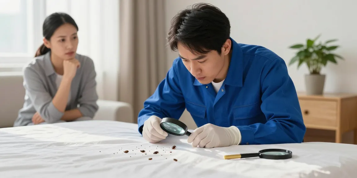 Bed bug pest control inspection in a warm home setting, professional exterminator examining a bed.