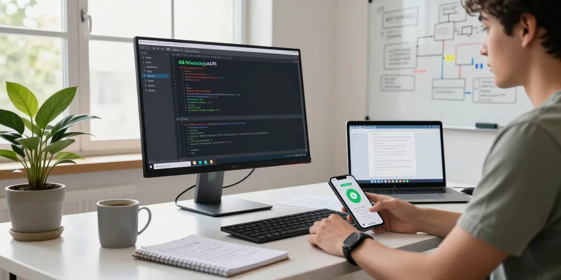 Person using gb whatsapp download on their mobile for message customization in a tech workspace.