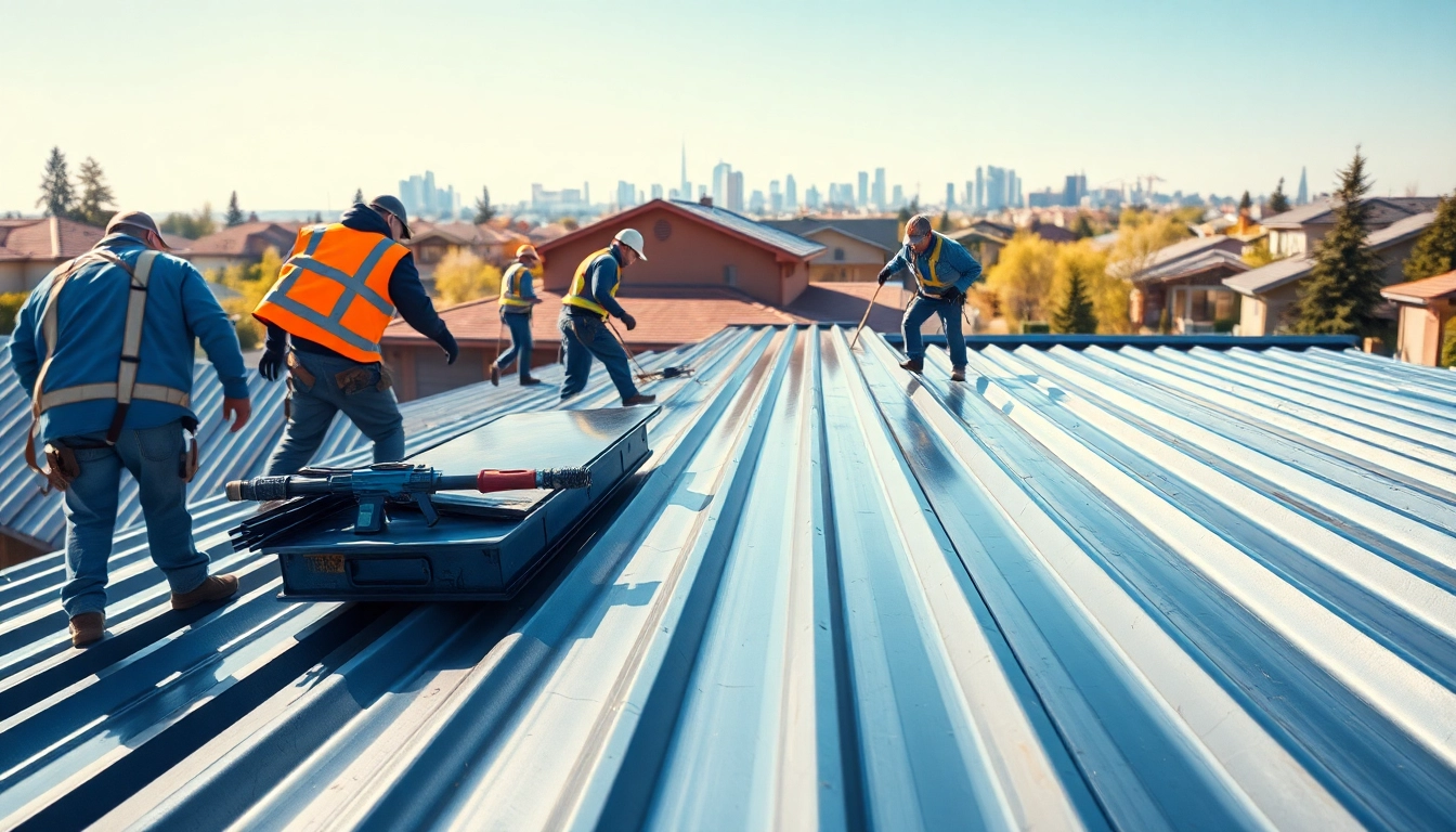 Installers completing metal roofing calgary on a bright sunny day, emphasizing craftsmanship and teamwork.