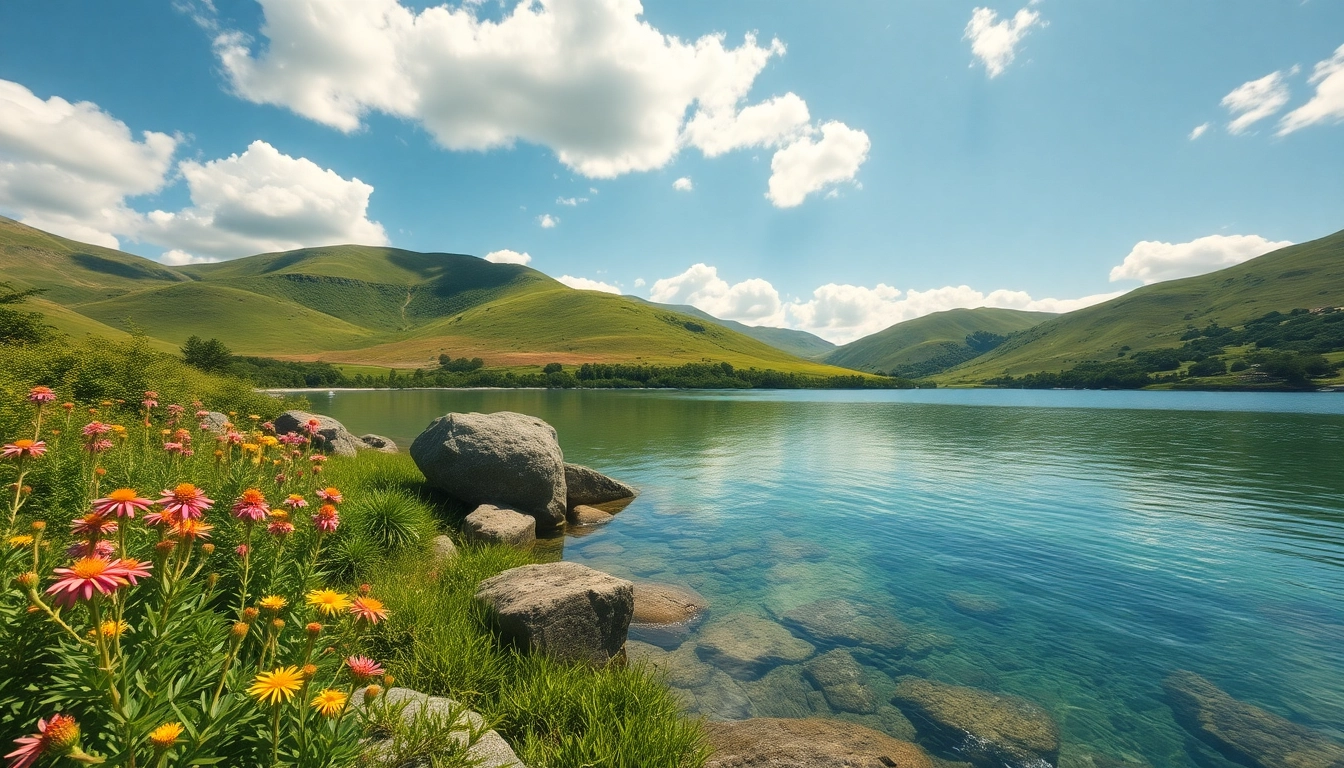Captivating view of sheerwater reflecting sunlight surrounded by lush nature.