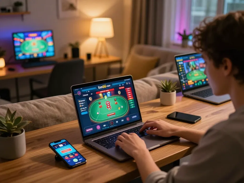 Engaging with the kim66 com app for online gambling on a sleek laptop in a cozy setting.