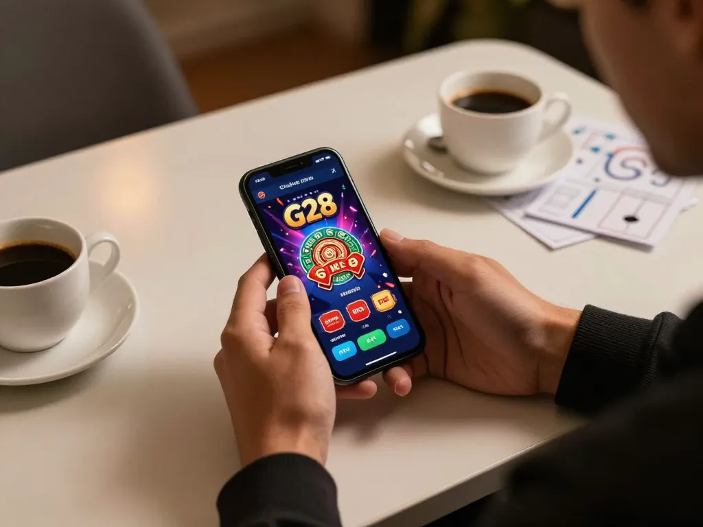 Player engaging with G28 mobile app for online casino gaming in stylish home setting