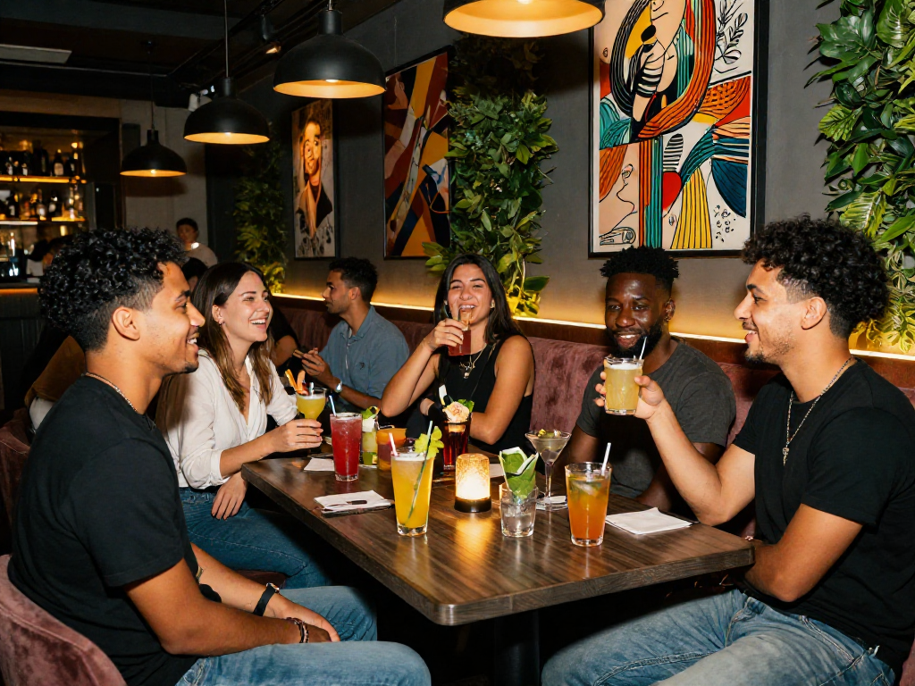 NSFW social scene in a trendy bar, featuring friends laughing and enjoying colorful cocktails in a lively atmosphere.