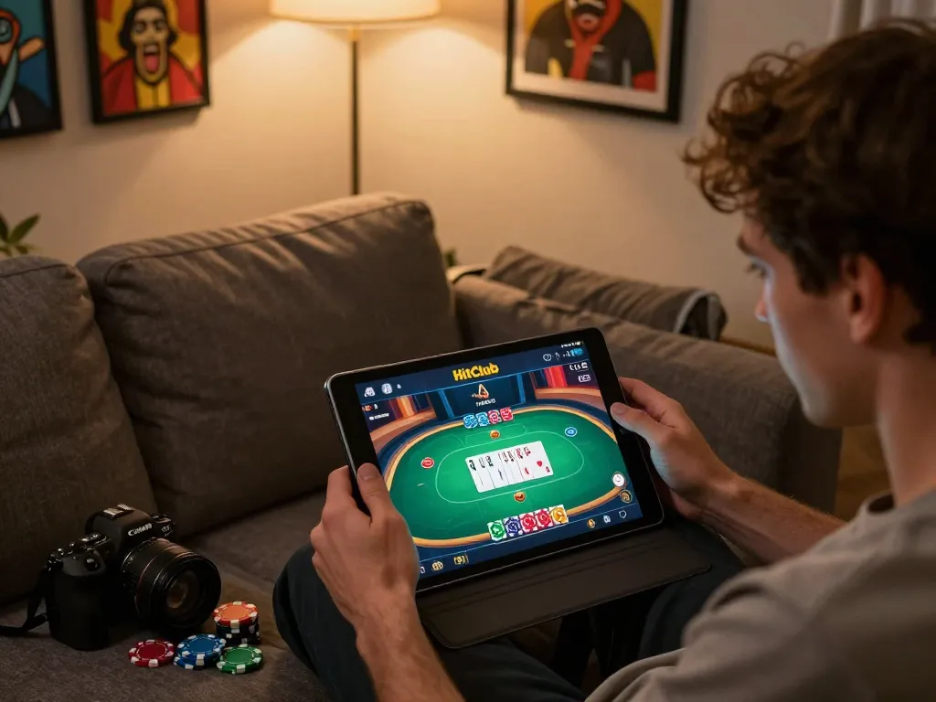 Hitclub player engaging in online poker gameplay on tablet in a cozy home environment.