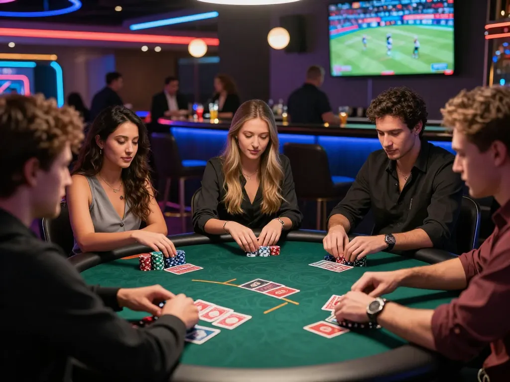Exciting gambling scene at https://rikbet.in.net/ with friends enjoying poker in a vibrant casino atmosphere