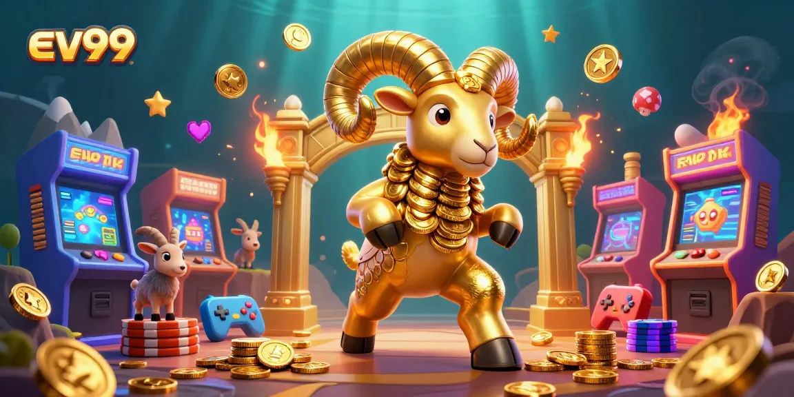 Engage with ev99 as a golden ram charges through vibrant casino elements in dynamic digital illustration.