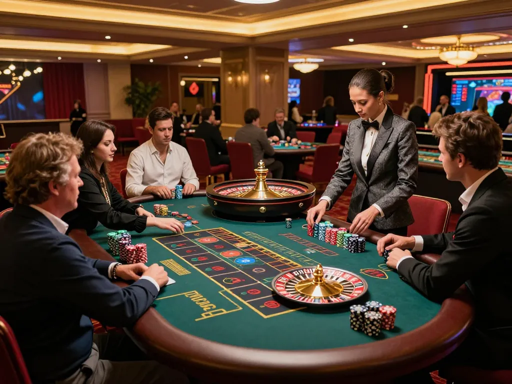 Players enjoying a thrilling roulette game at a casino table, experiencing the excitement of bbl5555 gaming action.