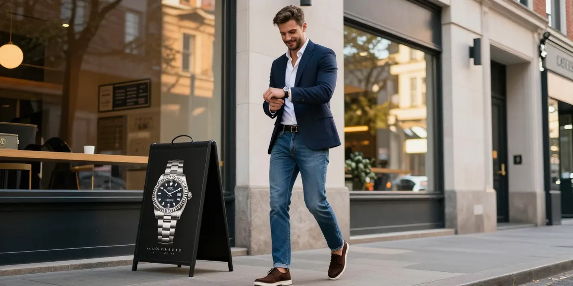 Stylish man checking his rolex replica watch while strolling through an urban street.
