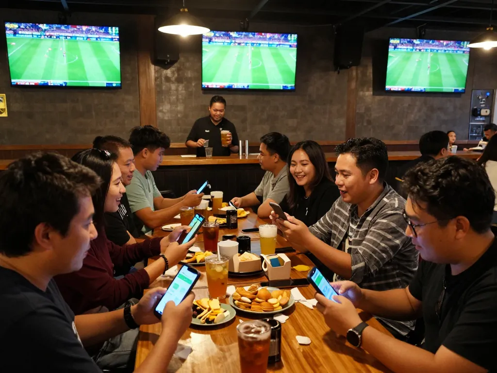 Engaged patrons reviewing Keo nha cai on their smartphones while watching live sports.