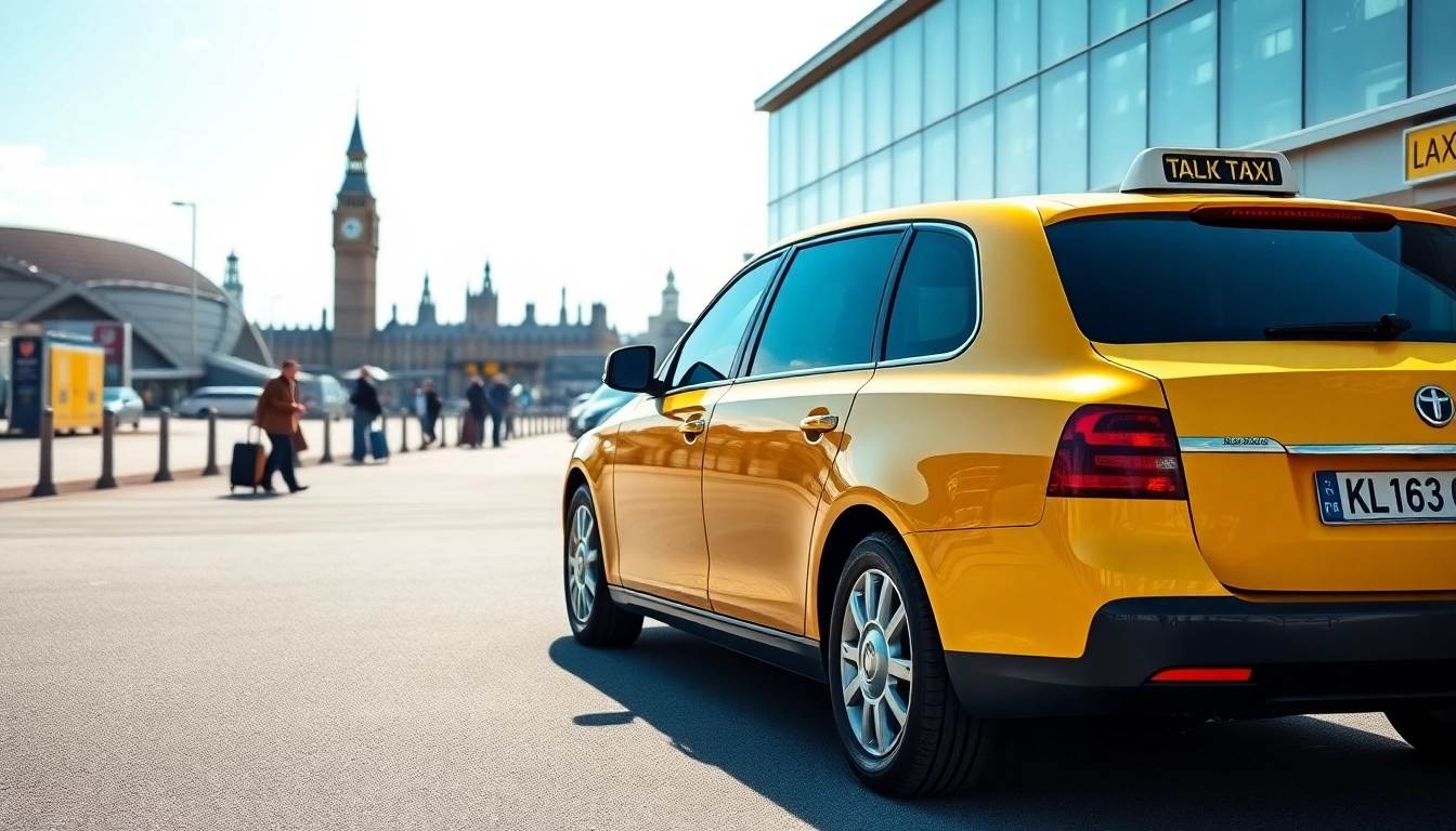 Taxi ready for passengers at London City airport, showcasing London's vibrant atmosphere.