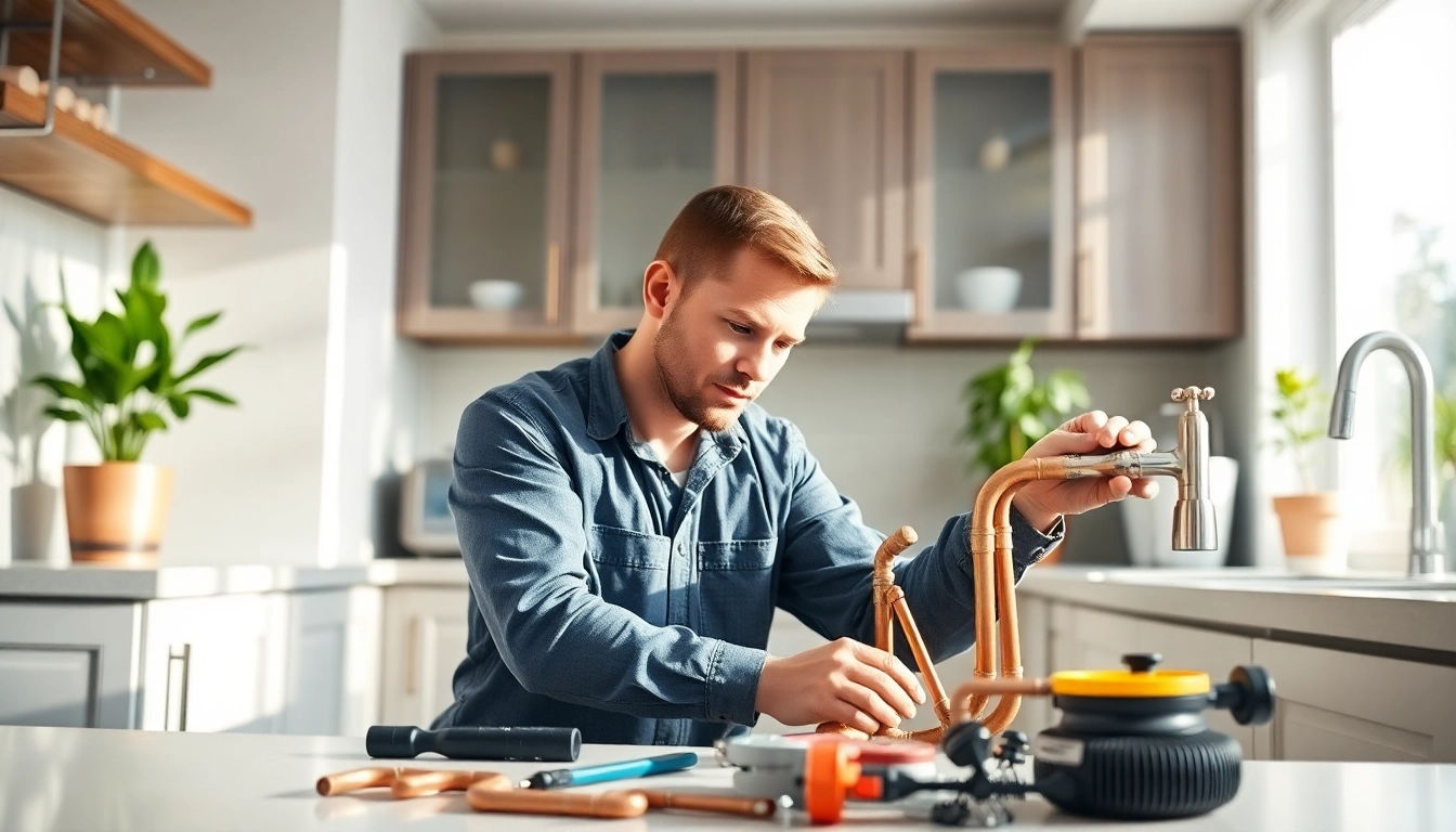 Whole house repiping services Tampa showcased by a professional plumber working in a modern kitchen.