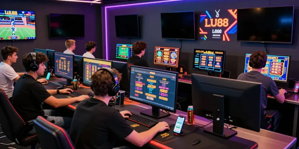 Engaged players using the LU88 online gambling platform in a vibrant dynamic gaming space.
