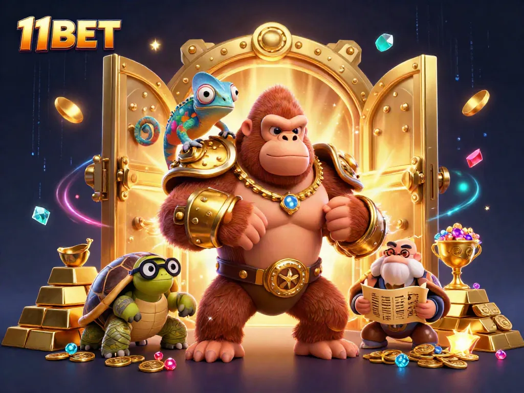 Engage with 11BET's thrilling casino scene featuring a powerful gorilla, chameleon, and tortoise with jewels.