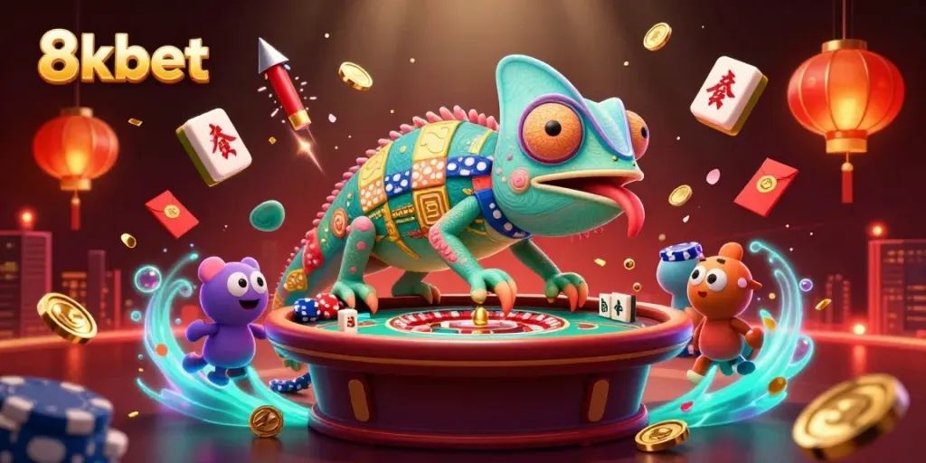 Play with excitement at 8xbet with our vibrant casino scene featuring a charming chameleon owner.