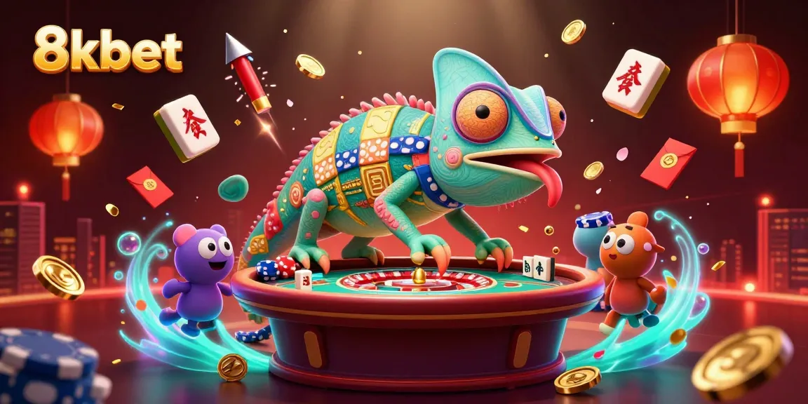 Play with excitement at 8xbet with our vibrant casino scene featuring a charming chameleon owner.