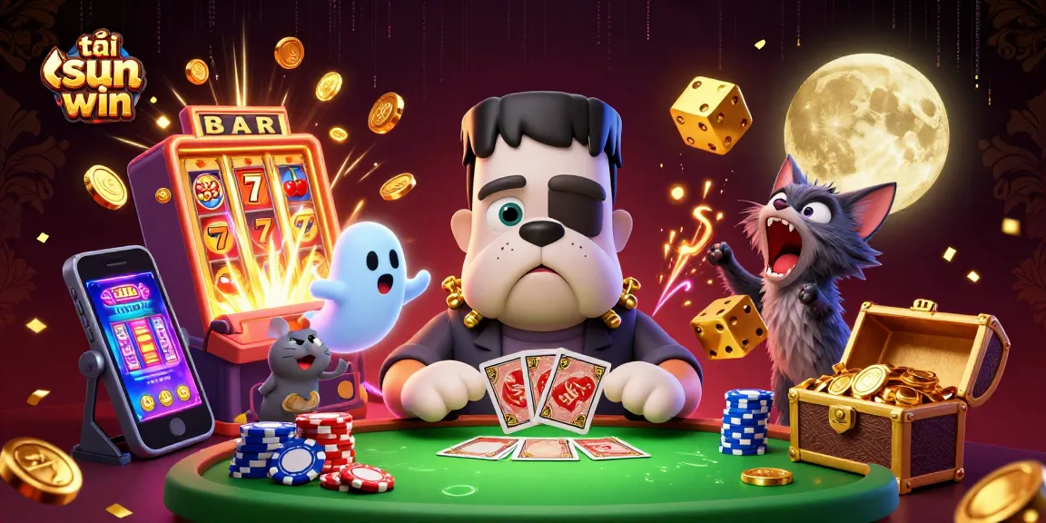 Engage in thrilling gameplay with tải sun win featuring a Frankenstein bulldog dealer in a vibrant casino scene.