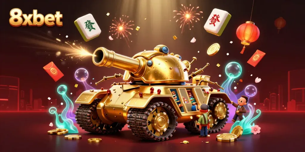 Experience the vibrant excitement of 8xbet with a 3D golden beetle casino and festive elements.