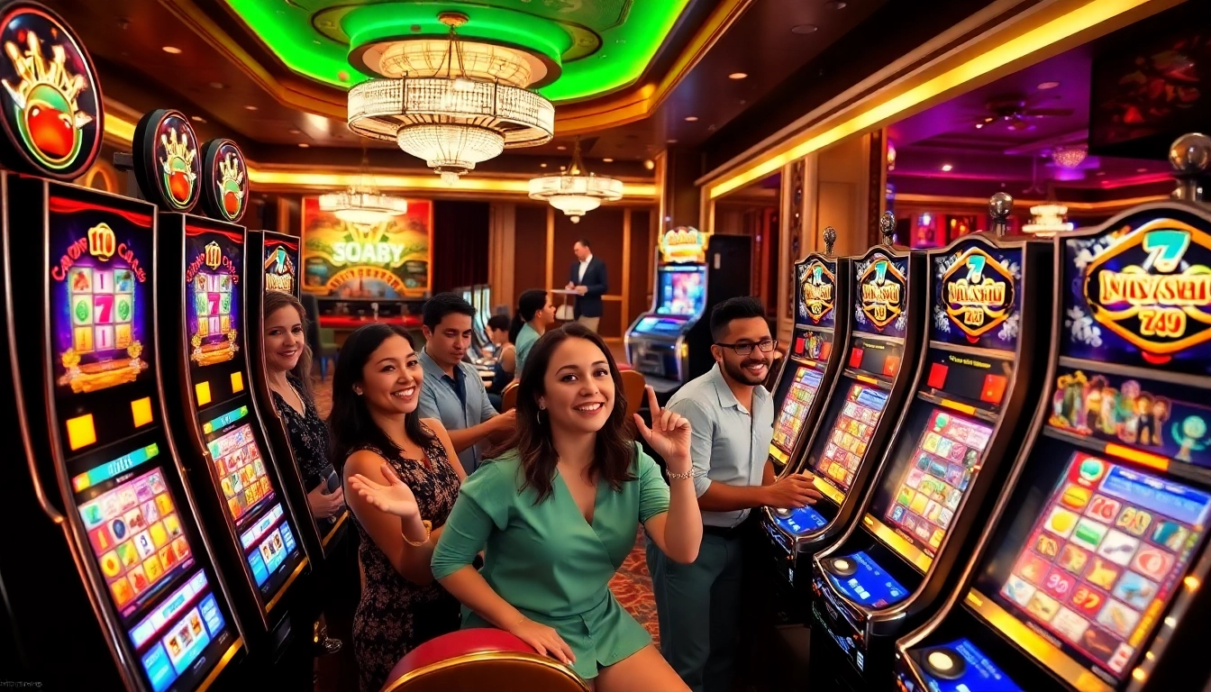 Exciting players winning on slot machines at https://7hh.games/ with vibrant casino lights.