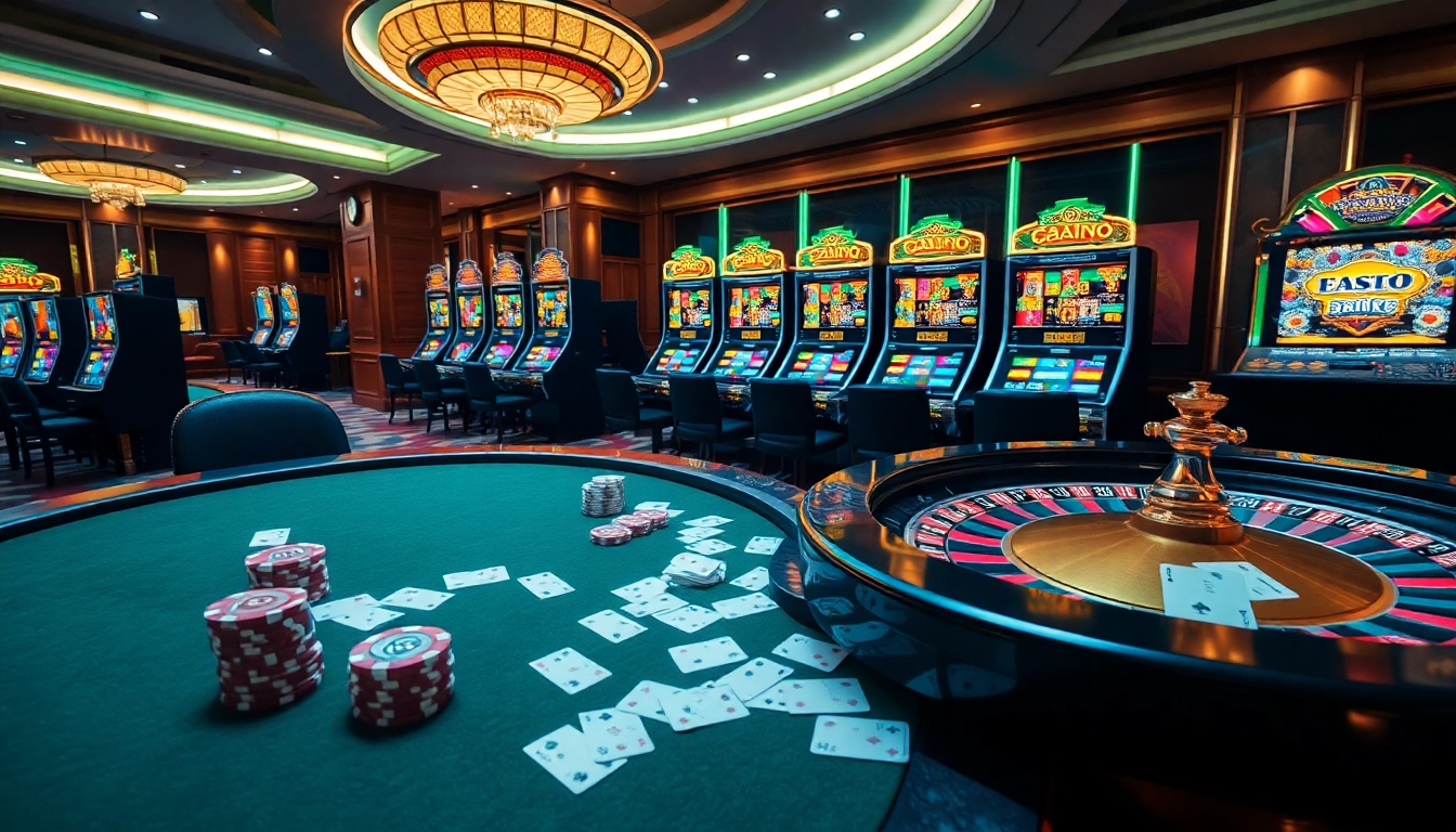 Experience the thrill of gambling at OKWIN with poker chips, cards, and a roulette wheel.