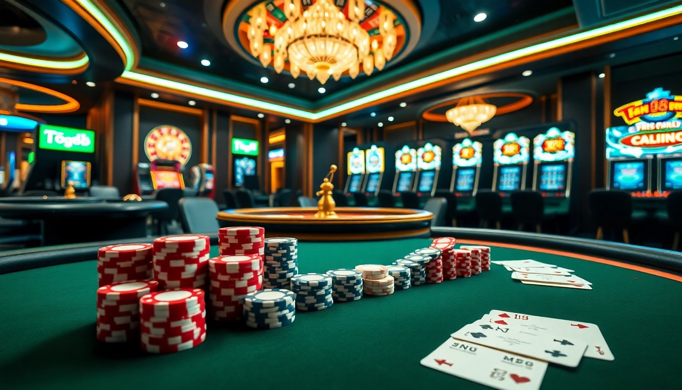 Players enjoying table games at tg88 casino with vibrant casino lights and poker action.