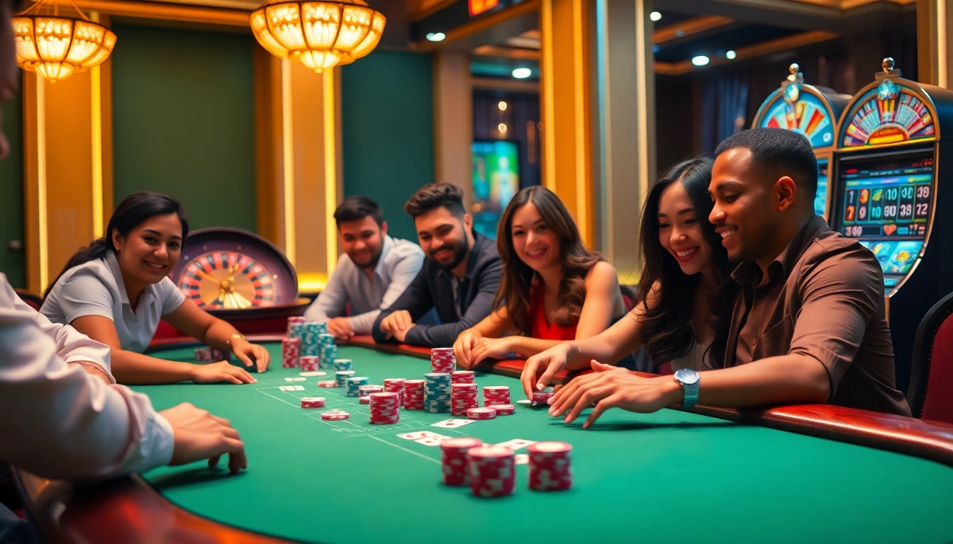 Players enjoying a thrilling poker game at 79KING casino, surrounded by vibrant gaming elements.