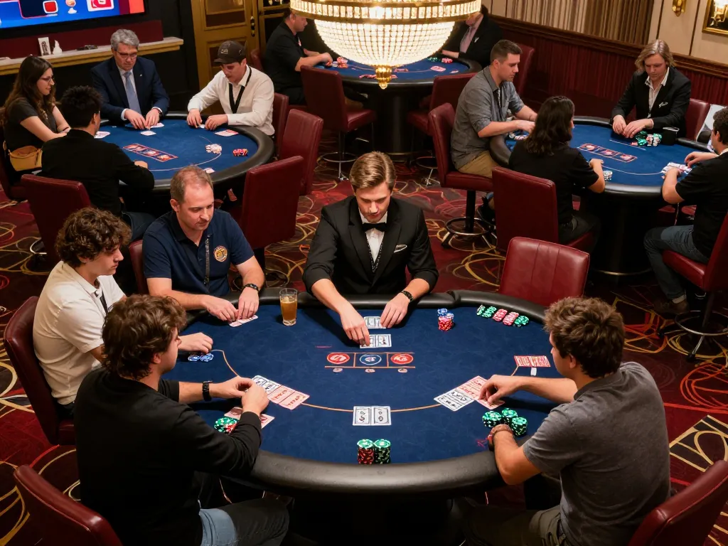 Intense poker tournament featuring players at tables, showcasing aa888 gaming strategies in a vibrant casino atmosphere.