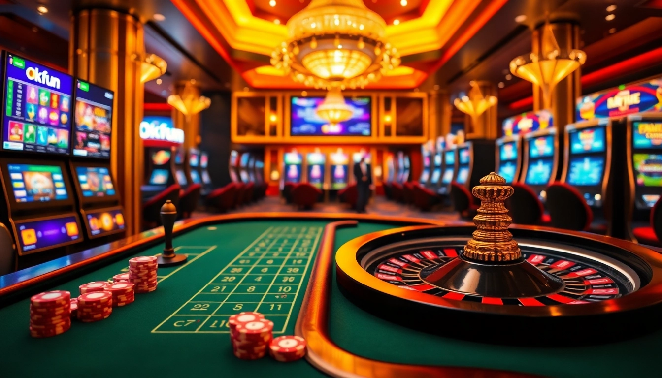 Experience the thrilling atmosphere of Okfun's casino with vibrant games, poker chips, and lively betting tables.
