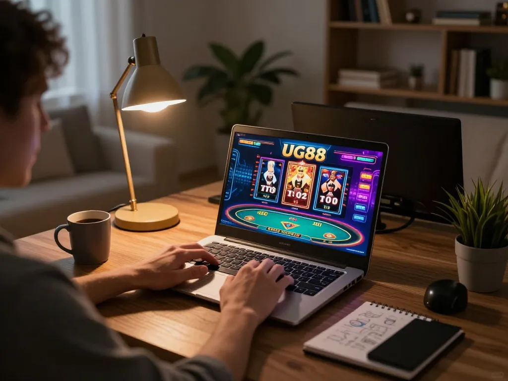 UG88 online casino gameplay on laptop with vibrant graphics and strategic notes in modern living room