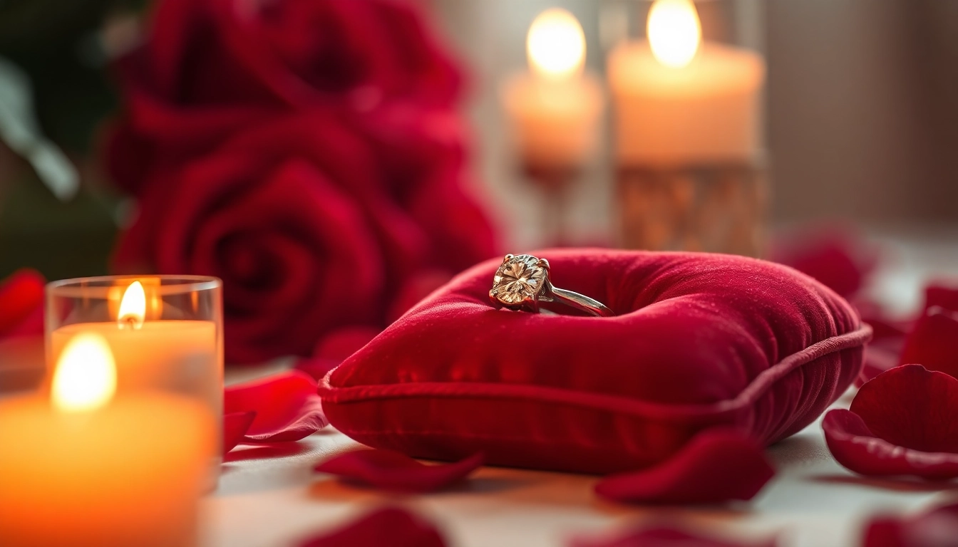 Buy engagement ring for Valentine’s Day UK showcased beautifully with rose petals and candlelight.