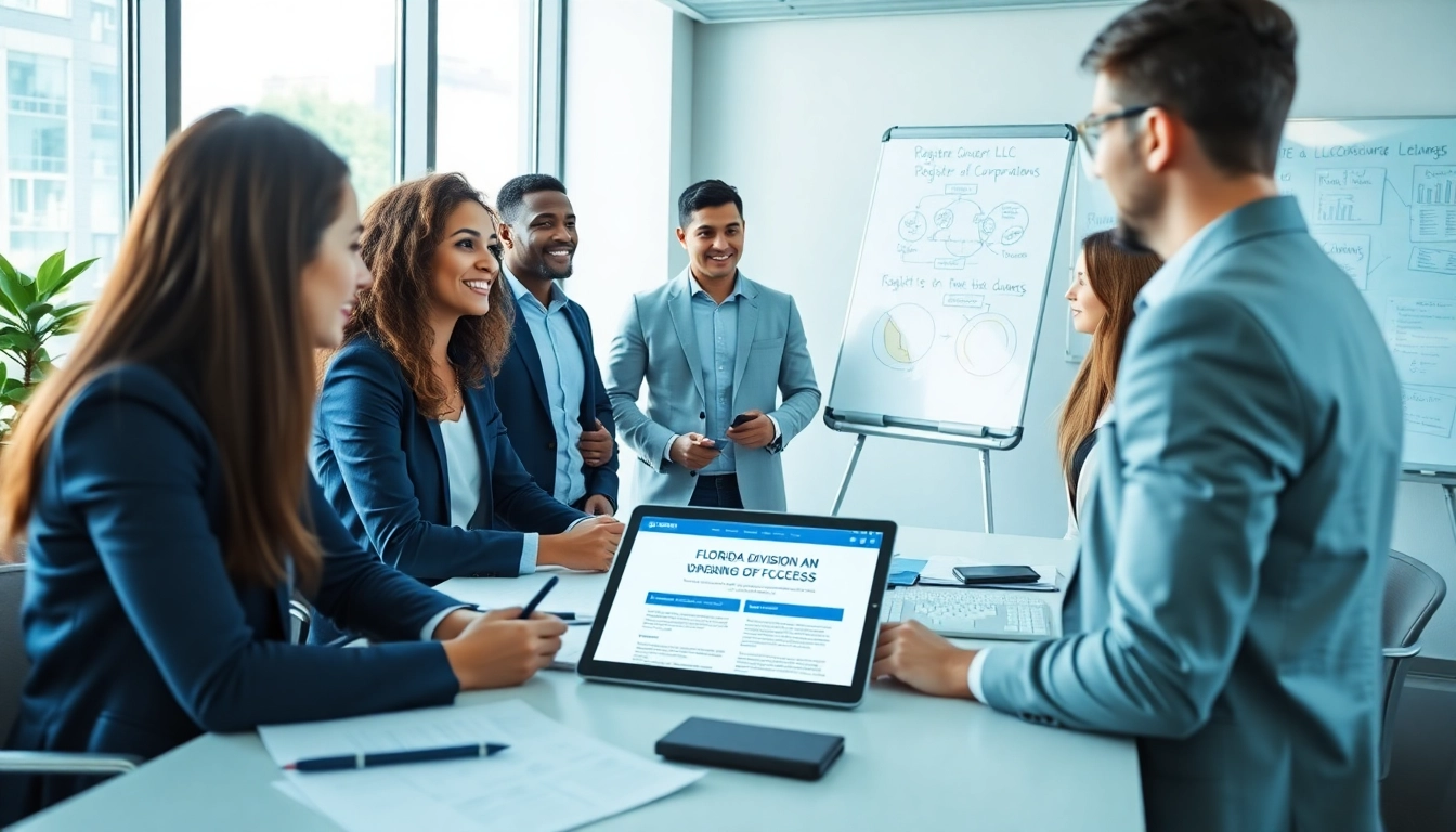 Register Florida LLC in a professional business meeting setting with diverse entrepreneurs discussing their plans.