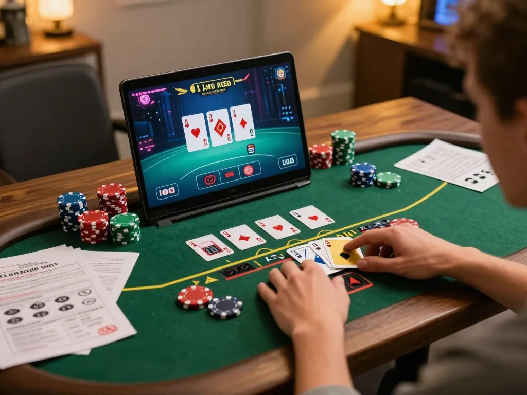 Engaging online gaming scene featuring Nhà cái SHBET user playing blackjack on a laptop.