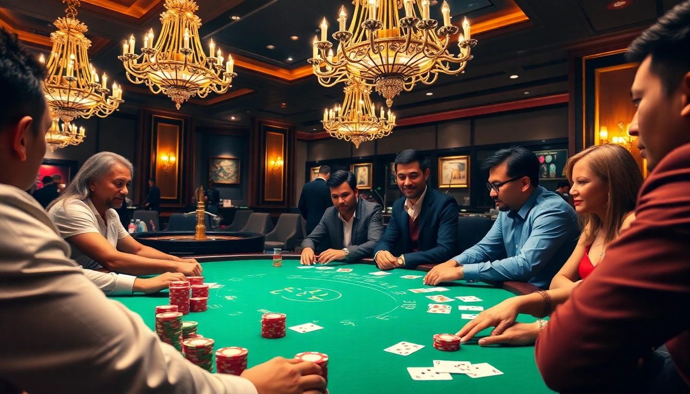 SKY88 poker game with vibrant chips and cards in an elegant casino setting.