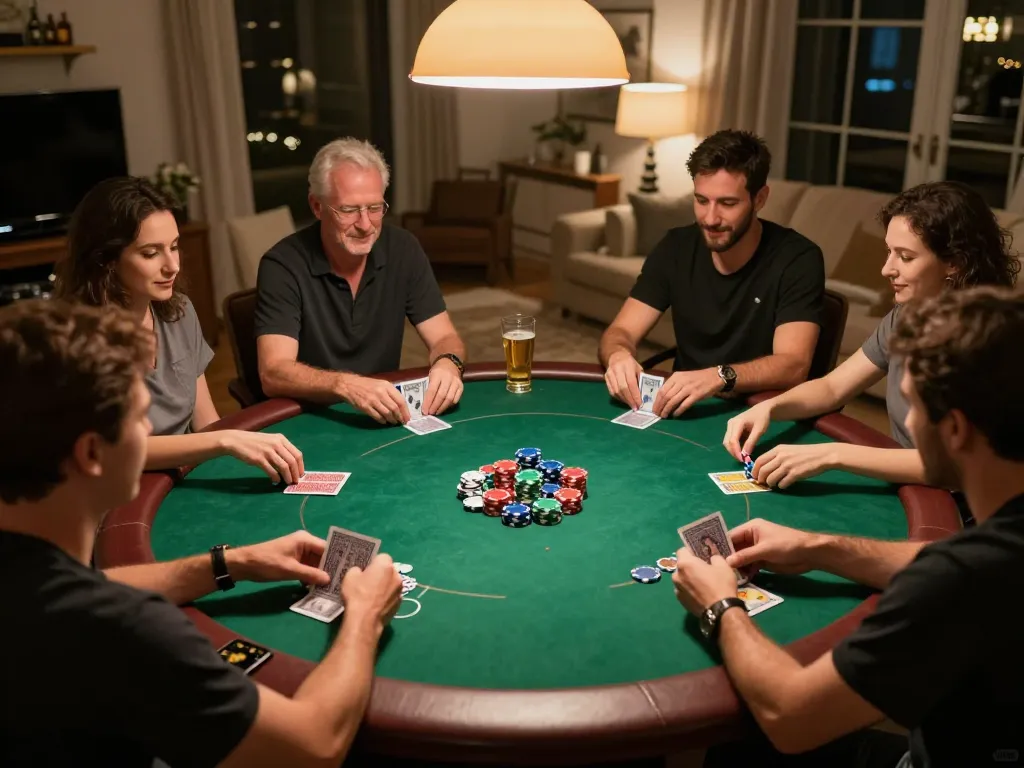 Players enjoy a friendly poker game night at home, highlighting the excitement of vin888 gaming.